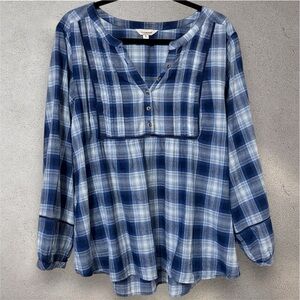 Lucky Brand Plaid Long Sleeve Cotton Popover Top Blue  Size XL